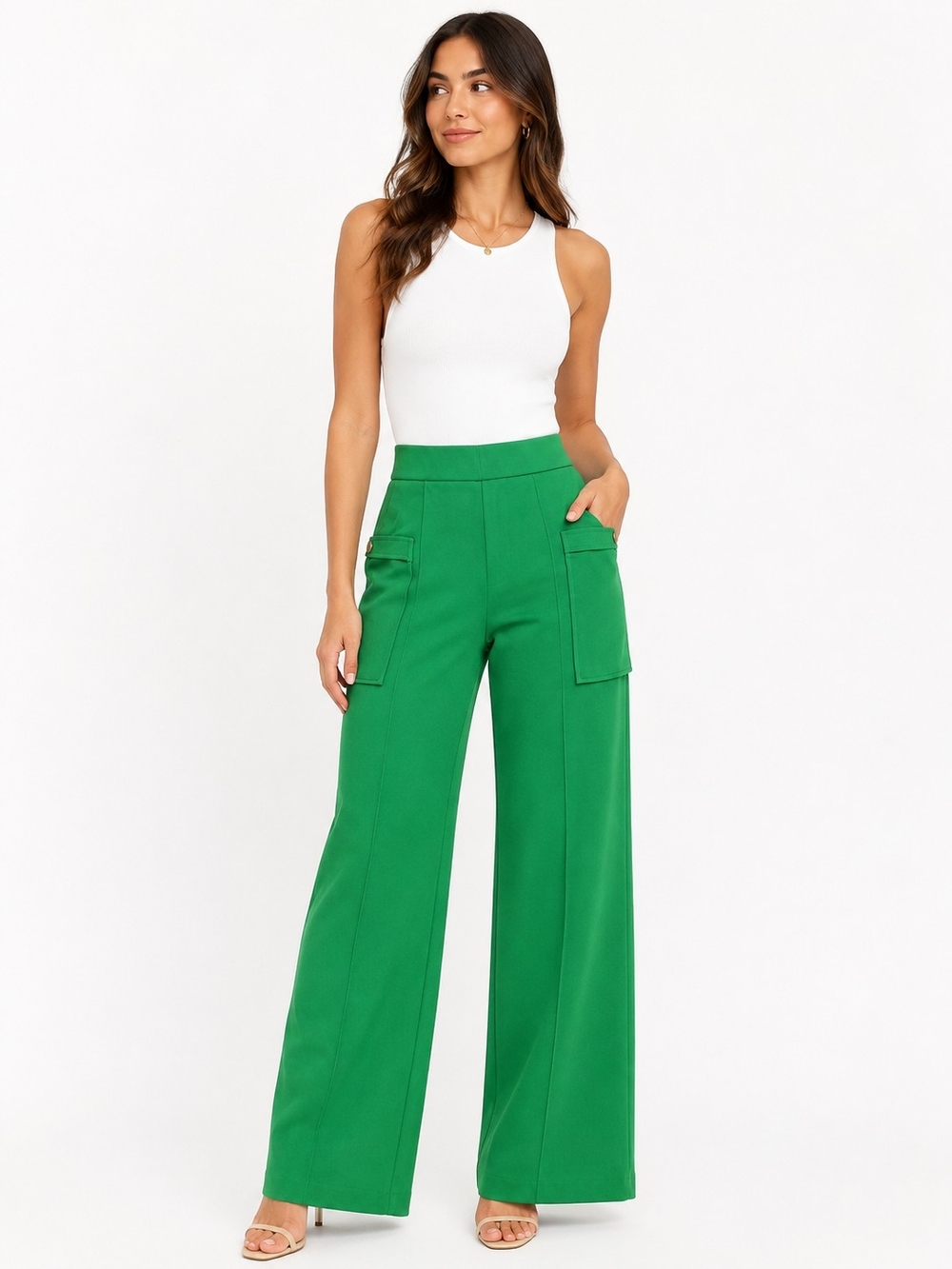 High-Rise Wide-Leg Cargo Pants — Green